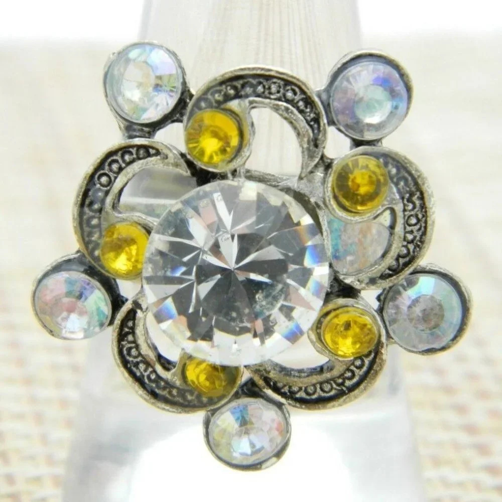 Topaz Clear Rhinestone Silver Tone Flower Cocktail